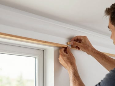 Detail shot of a craftsman installing a piece of white oak crown molding, showing the flush joint and grain-matched finish, natural daylight.