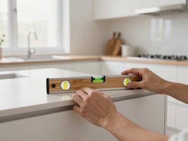 Close-up of hands using a laser level to ensure a cabinet box is perfectly level, with a partially installed modern white kitchen in the background, bright window light.