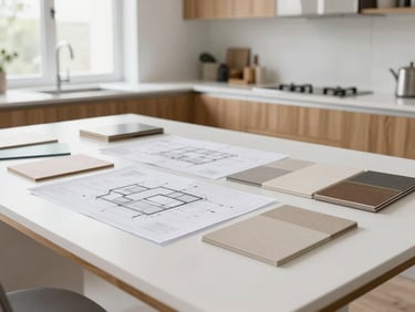 Wide shot of a modern kitchen design studio with architectural blueprints and material samples on a large white table, bright natural light.
