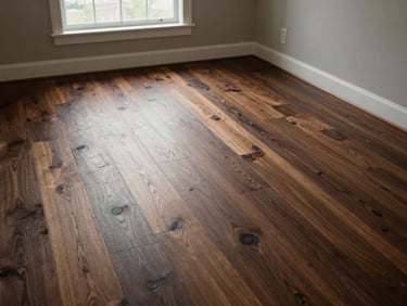Overhead shot of a residential living room floor in dark walnut, completely refinished, sidelight from a bare window, no furniture, grain visible across the full width