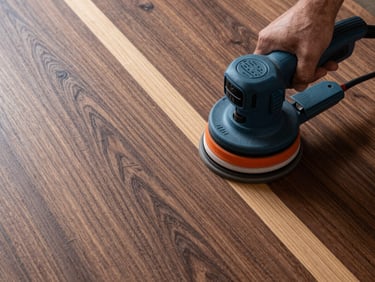 Overhead documentation shot of a drum sander advancing across a dark walnut floor mid-pass, north-facing daylight, raw wood revealed in a precise strip alongside worn original surface