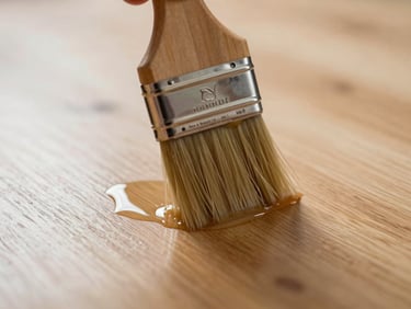 Extreme close-up of a brush applying water-based lacquer to a smooth ash floor surface, tungsten light catching the wet film and revealing grain texture beneath the first coat