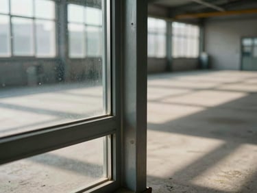 Extreme close-up of heavy glass and steel framing joints in an empty industrial warehouse, hard afternoon sun casting geometric shadows.