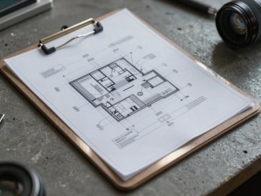 Macro flat-lay of technical blueprints clamped to a cold-rolled steel clipboard on a dark concrete workbench.