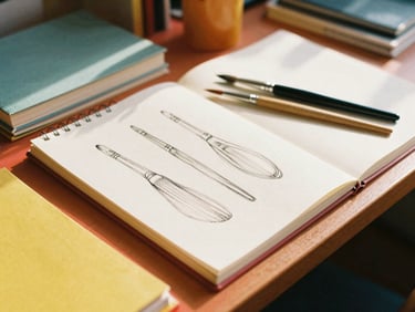 Behind the scenes shot of a colorful desk with sketchbooks, paintbrushes, and book cover proofs, warm natural light.