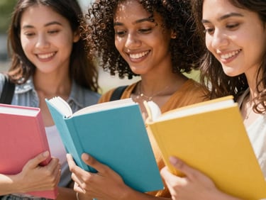 Close-up of three smiling women of different ethnicities holding books, warm sunny daylight, vibrant colors.