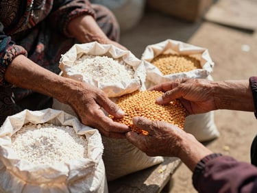 Close-up of hands respectfully distributing bags of flour and lentils to a widow, warm daylight, documentary style