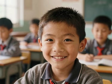 Warm close-up portrait of a child smiling in a simple classroom, soft natural light, shallow depth of field