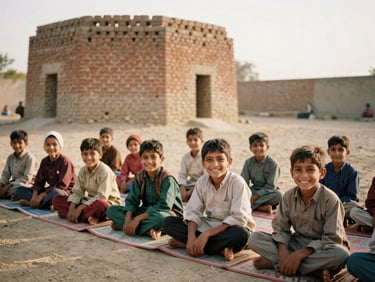 An environmental shot of Pakistani children sitting on simple mats in an outdoor Sunday school, smiling warmly under soft golden daylight, a dusty brick kiln visible in the soft background, 35mm film style.