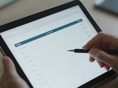 Close-up macro shot of a hand holding a digital tablet displaying secure legal tracking software, clean professional setting, cool daylight.