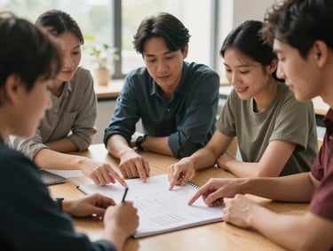A warm, natural light workshop setting where a small group of community members collaborate around a table, hands pointing to a planner, smiling in shared relief.