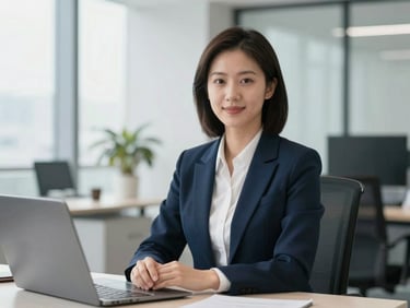 Professional corporate portrait of a legal consultant in a bright modern workspace, neutral tones, soft daylight