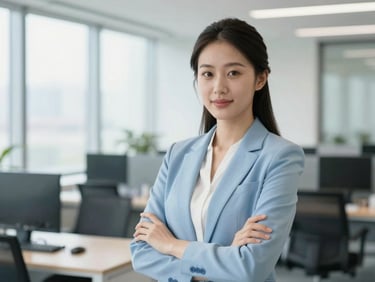 Professional portrait of a female operations manager in a bright corporate environment, soft overcast light
