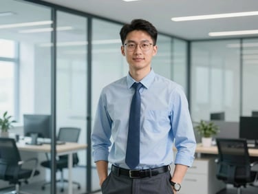 Professional portrait of a male recruitment specialist in a clean glass office, cool blue tones, 35mm lens
