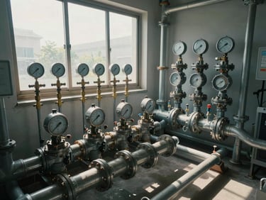 Wide overhead view of a building plant room with labeled valve manifolds and pressure gauges, natural daylight from a high window, pipes running in parallel