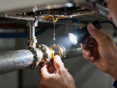 Technician's hands isolating a leaking joint in an exposed pipe chase, water still dripping, flashlight beam across the fitting detail, industrial setting