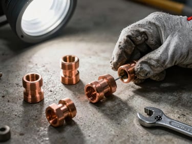 Close-up angled view of copper pipe fittings being assembled on a concrete floor, work gloves beside a wrench, shop light overhead casting honest shadows