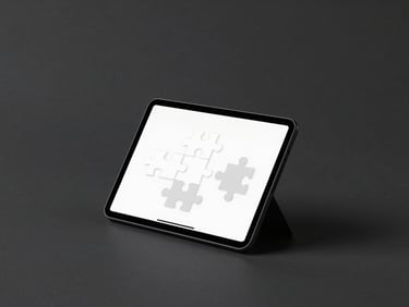 High-fidelity angled device mockup showing a minimalist puzzle game interface, diffuse studio lighting, deep charcoal background with generous negative space.