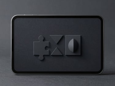 A high-fidelity mockup of a minimalist puzzle game on an Android screen, showing simple geometric shapes on a dark charcoal canvas with subtle soft shadows.