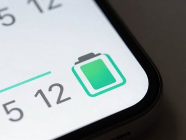 Macro close-up of a clean Android system widget showing battery telemetry, stark white background, teal accent lines, sharp geometric sans-serif numbers.