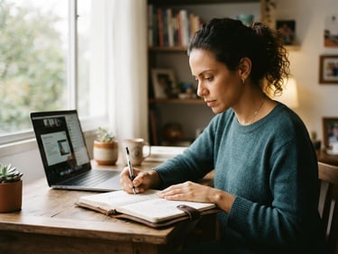 Wide shot of an adult woman in her late 30s, Brazilian, with focused expression, writing notes in a leather-bound notebook during an online class, soft natural window light, muted academic tones, shallow depth of field, 35mm film.