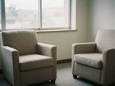 A professional consultation room with two elegant armchairs, one empty, suggesting a therapeutic setting, soft natural light from a large window, muted academic tones, shallow depth of field, 35mm film.