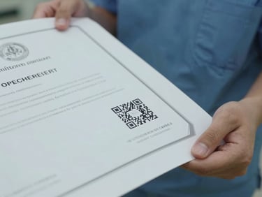 A close-up of a printed clinical certificate showing a clear QR code and official seal, held by a student in scrubs.