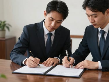A formal institutional setting with two administrators signing an official partnership agreement document on a wooden table.