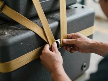 Close-up of experienced driver hands securing heavy industrial cargo with gold-colored tension straps, soft natural daylight, professional setup