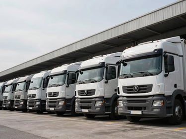 Low-angle heroic shot of clean transport trucks parked neatly at modern concrete loading docks in Çerkezköy industrial zone, soft overcast daylight