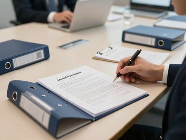 Wide environmental shot of a fund operations meeting room, a professional's forearm resting on a table covered with deal closing binders and a printed limited partnership agreement, ambient office lighting, no faces, deep navy and cream tones