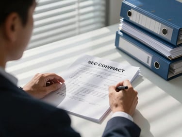 Over-the-shoulder angle of a compliance officer marking up an SEC audit response document at a clean desk, stack of regulatory binders visible to the right, daylight through office blinds creating horizontal light bands, no face visible