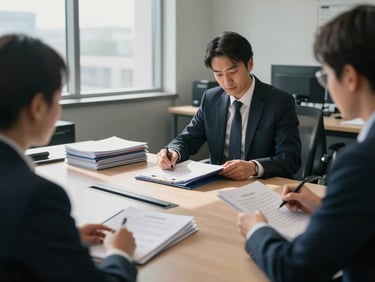 Wide environmental shot of a fund operations workspace, over-the-shoulder angle showing two professionals reviewing a thick deal binder on a long conference table, daylight from tall windows casting clean shadows across stacked document folders and a terminal screen in the background, muted navy and grey tones