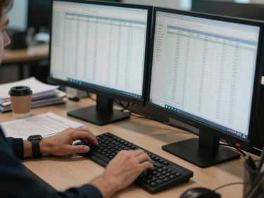 Close environmental shot of an analyst's hands reviewing waterfall distribution schedules on a dual-monitor terminal, office ambient lighting, papers and a coffee cup to the left, no face visible, muted navy and charcoal tones