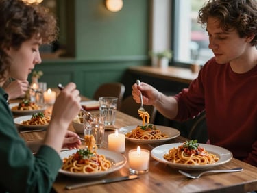 Warm candlelit restaurant interior with guests enjoying fresh pasta, soft Scandinavian lighting, moody shadows