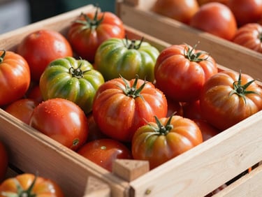 Close-up of rustic wooden crates filled with vibrant heirloom tomatoes at a sunny outdoor market, warm natural daylight