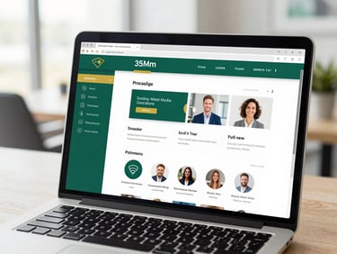 polished editorial photography, bright natural office light, sophisticated emerald and gold tones, shallow depth of field, 35mm. Close-up of a modern laptop screen showing high-end corporate brand guidelines and social media templates.