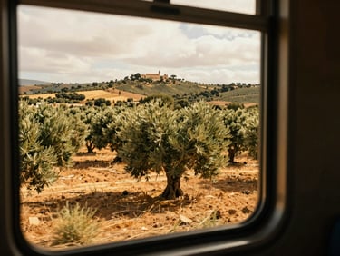 View from a train window looking out at sun-drenched olive groves in Andalusia, warm overcast daylight, cinematic framing.