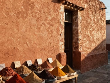 Terracotta walls in Oaxaca under natural side-lighting, a local market stall with colorful spices, warm earthy tones.