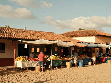Sun-drenched local food market in Latin America, warm sand and terracotta tones, natural overcast daylight.
