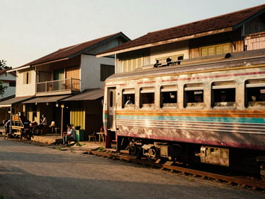 Candid street scene in Southeast Asia, local train passing close to houses, warm golden hour light, 35mm film grain.