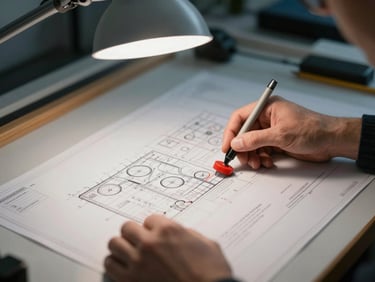 Close-up of an engineer's hands holding a technical site plan on a drafting table under cool desk lamp light, a red approval stamp partially visible at the lower corner, shallow depth of field