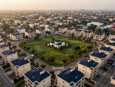 Aerial view of a well-planned residential plot layout in India, green spaces, clear boundaries, golden hour, deep navy and champagne accents, wide-angle lens