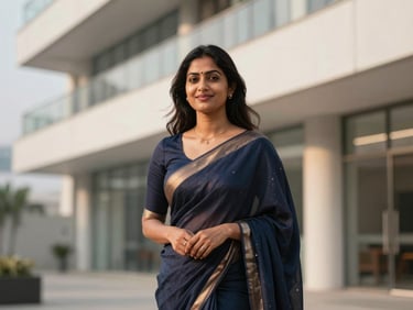Professional portrait of a smiling Indian woman in a business saree, late 20s, in a modern office setting with blurred architectural background, natural daylight.