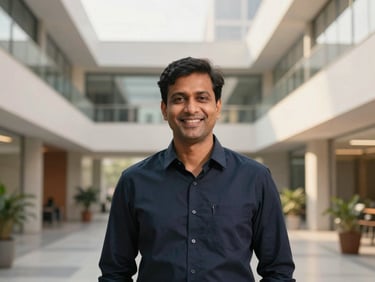 Professional portrait of a smiling Indian man in a formal shirt, 40s, in a modern office setting with blurred architectural background, natural daylight.