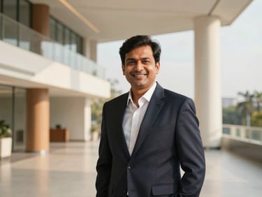 Professional portrait of a smiling Indian man in a suit, mid-30s, in a modern office setting with blurred architectural background, natural daylight.