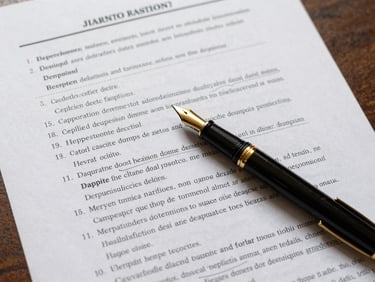 Overhead study of a printed legal framework document with numbered clauses, precise margin annotations in ink, a gold-tipped pen resting across the page, warm diffused daylight, paper texture prominent