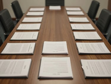 Environmental wide shot of an empty boardroom table with open dossier folders and printed spreadsheets arranged in precise columns, soft indirect office light, no people, muted warm tones