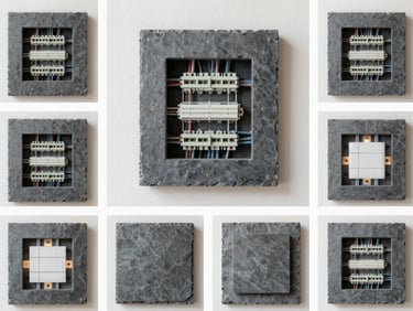 A high-resolution mock-up of a curated social media grid displaying pristine electrical installations, symmetrical panel wiring, and clean architectural lighting, slate gray aesthetic.