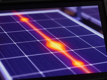 Extreme close-up of a high-resolution thermal imaging camera screen displaying a solar panel array, vivid orange and purple heat signatures highlighting a specific hot spot on a single cell, dark slate background, high contrast.